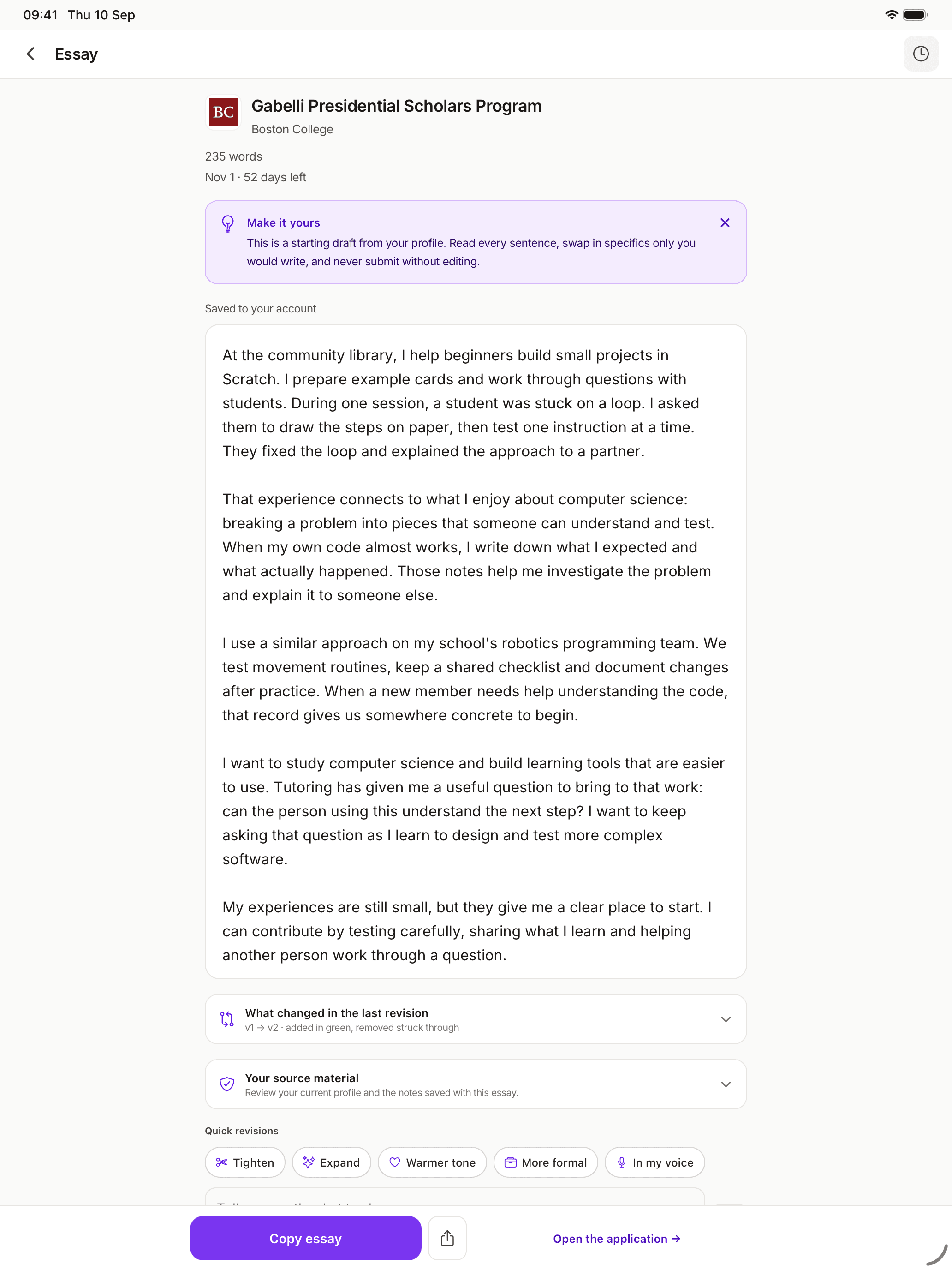 PRSPCT AI essay editor on iPad, showing a sample draft and revision controls